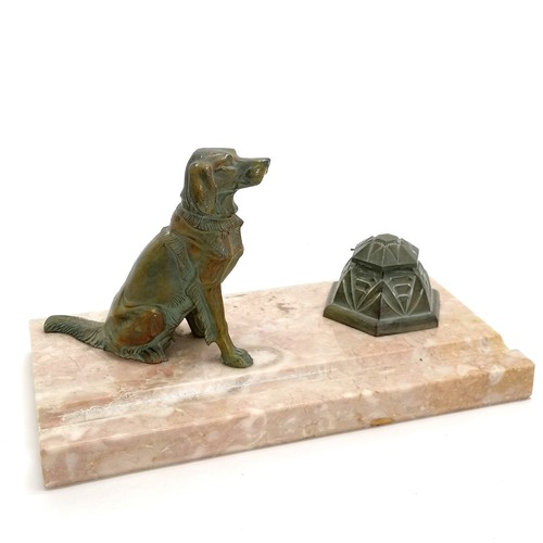 157 - Antique Art Deco spelter inkstand with dog figure detail on a marble base (24.5cm x 13cm) ~ slight a... 