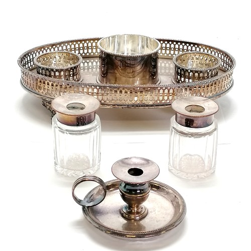 168 - Antique silver plated desk stand with pierced gallery detail (23cm across) with lid to desk tidy as ... 