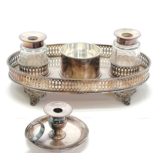 168 - Antique silver plated desk stand with pierced gallery detail (23cm across) with lid to desk tidy as ... 