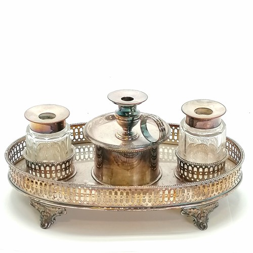 168 - Antique silver plated desk stand with pierced gallery detail (23cm across) with lid to desk tidy as ... 