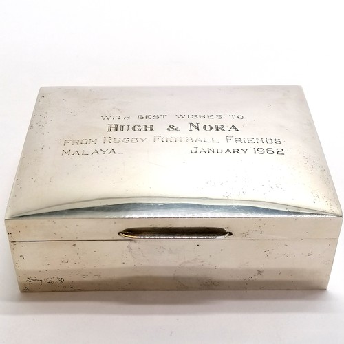 195 - 1959 silver cigarette box (with wooden interior & loaded base) with 1962 Rugby Football Malaya inscr... 