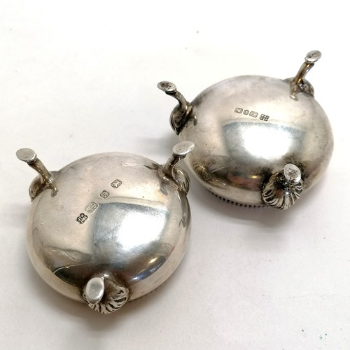 198 - 1893 + 1897 silver salt cellars with beaded edge decoration on hoof feet by Hukin & Heath (John Thom... 