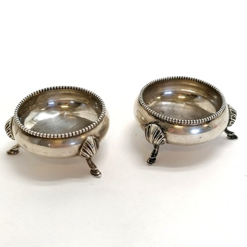 198 - 1893 + 1897 silver salt cellars with beaded edge decoration on hoof feet by Hukin & Heath (John Thom... 