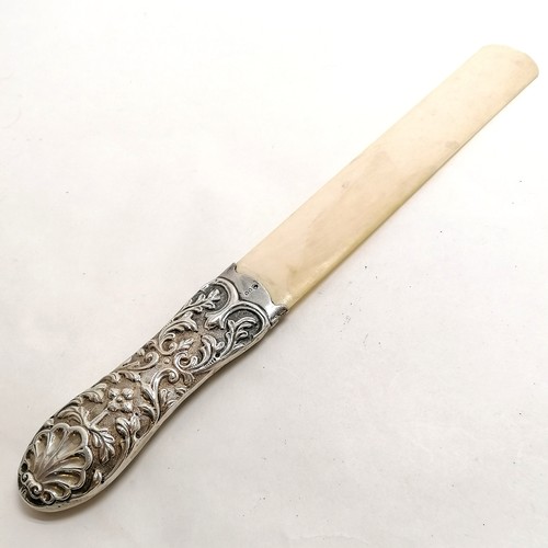 199 - Antique silver hallmarked page turner with ivory blade - 34cm long ~ has old repairs to handle