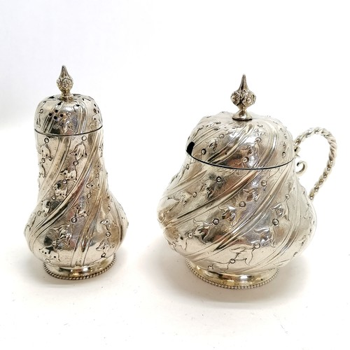 207 - Silver matched large set of cruet with rope twist handles & floral decoration - tallest 10cm & 276g