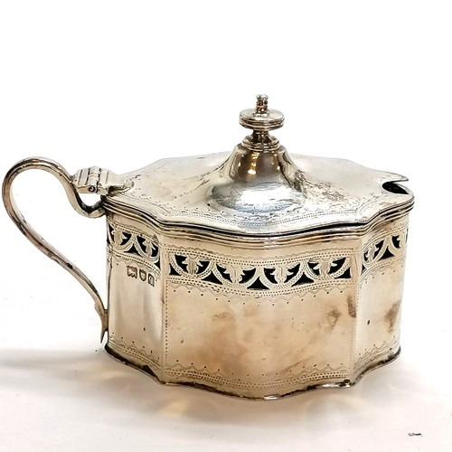 219 - Large silver lidded mustard with blue glass liner (slight chips) - 8cm high & 135g