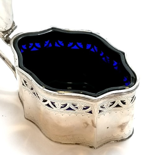 219 - Large silver lidded mustard with blue glass liner (slight chips) - 8cm high & 135g