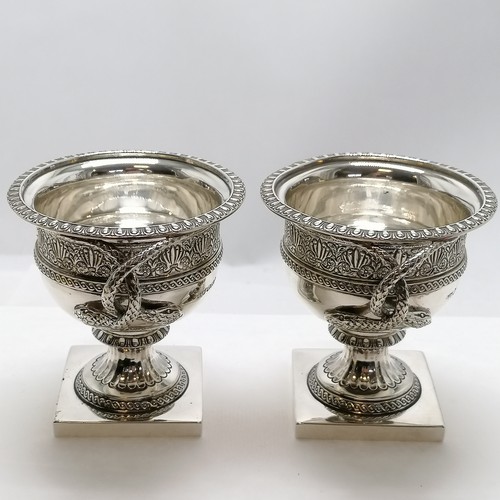 229 - Pair of good quality 1928 Mappin & Webb silver neo-classical salts with entwined snake handles - 8.5... 