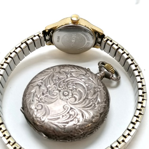 262 - WWI trench type silver cased wristwatch 3cm diameter, silver engraved ladies fob watch, both for spa... 