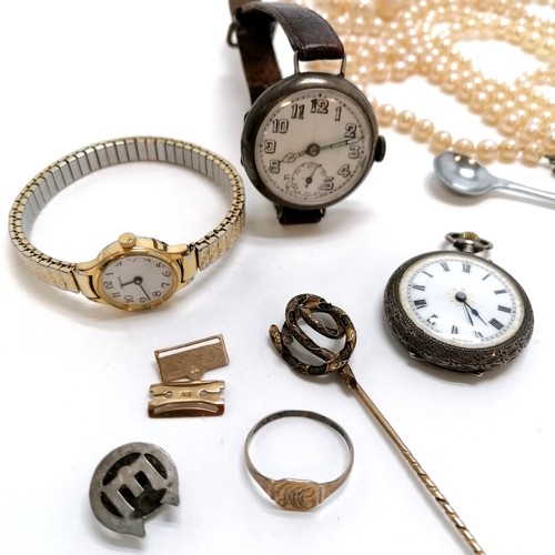 262 - WWI trench type silver cased wristwatch 3cm diameter, silver engraved ladies fob watch, both for spa... 