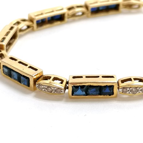 344 - Unmarked (touch tested as 18ct gold) diamond (27) & sapphire (27) bracelet - 17cm & 13.3g total weig... 