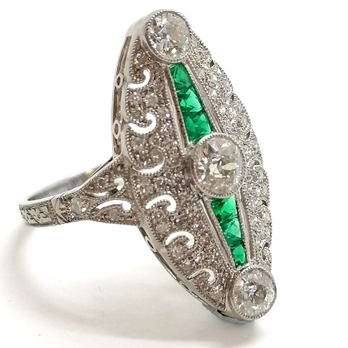 353 - Platinum marked ring set with diamonds & emeralds in Art Deco style by JoAq - size N & 5.1g total we... 