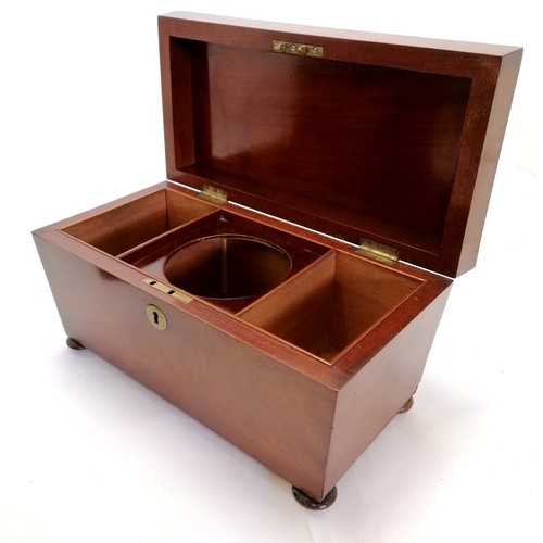 709 - Mahogany tea caddy with bun feet and brass escutcheons missing mixing bowl and inner lids and lose o... 