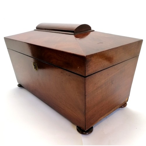 709 - Mahogany tea caddy with bun feet and brass escutcheons missing mixing bowl and inner lids and lose o... 