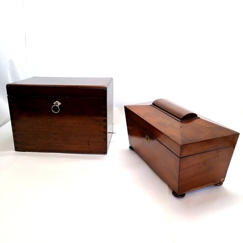 709 - Mahogany tea caddy with bun feet and brass escutcheons missing mixing bowl and inner lids and lose o... 