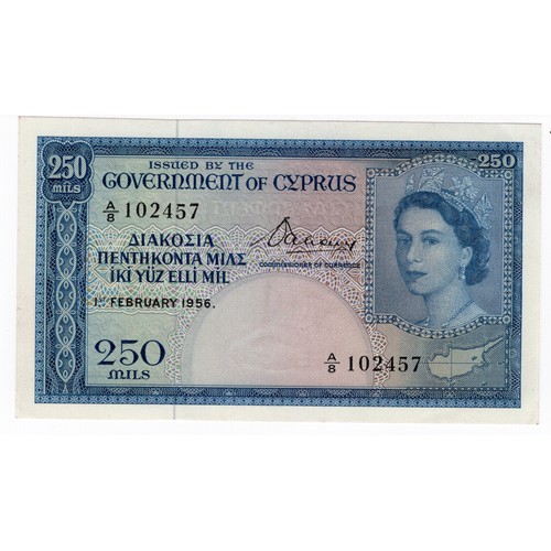 1 - 1956 Cyprus 250 mils banknote - has very slight vertical crease & 1mm tear on left hand edge