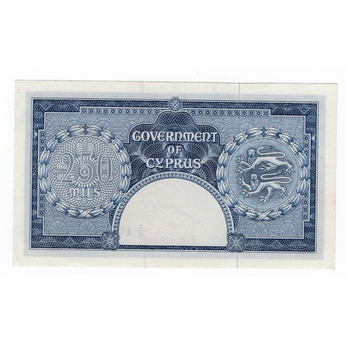 1 - 1956 Cyprus 250 mils banknote - has very slight vertical crease & 1mm tear on left hand edge