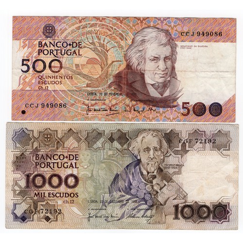 2 - Portugal 1992 500 escudos & 1988 1000 escudos banknotes - both have folds