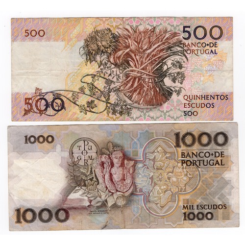 2 - Portugal 1992 500 escudos & 1988 1000 escudos banknotes - both have folds