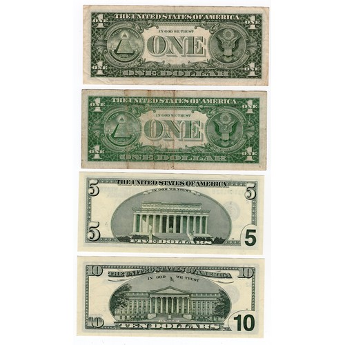 7 - United States of America ~ 1957 + 1985 Washington $1, 2001 Lincoln $5 & 2001 Hamilton $10 banknotes