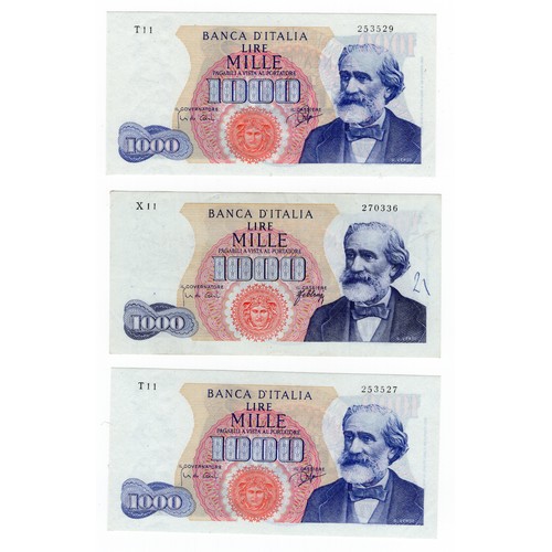 15 - 3 x Italy Verdi 1000 lire banknotes - 2 x 1962, 1 x 1965 (has pen written number)