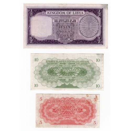 16 - 3 x Libya banknotes ~ 1951 5 piastres + 10 piastres & 1952 half libyan pound