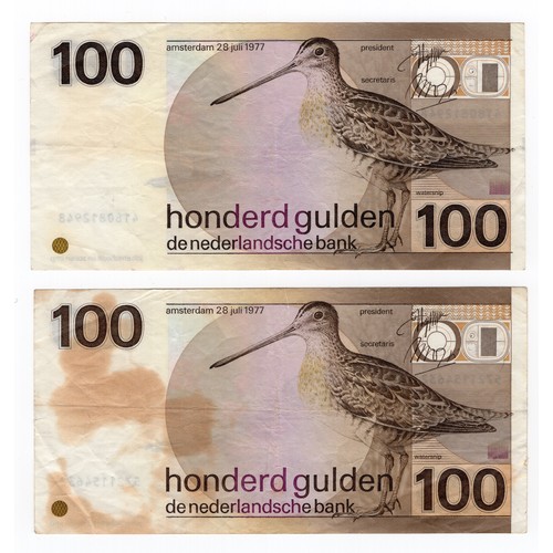 21 - 2 x 1981 (1977) Netherlands snipe 100 gulden banknotes - 1 has staining