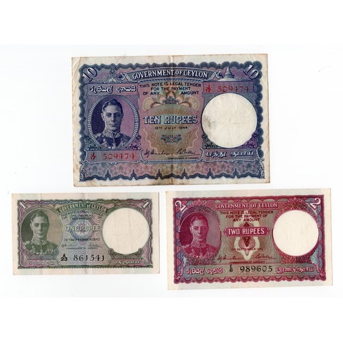 22 - 5 x Ceylon : British administration banknotes ~ 1942 1 rupee, 2 rupees, 2 x 5 rupees & 1944 10 rupee... 