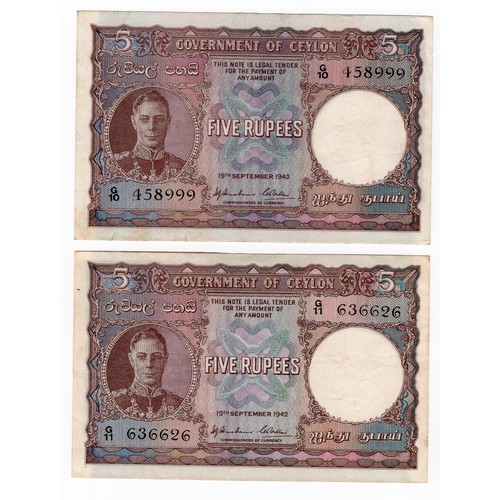 22 - 5 x Ceylon : British administration banknotes ~ 1942 1 rupee, 2 rupees, 2 x 5 rupees & 1944 10 rupee... 