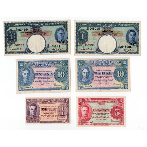 23 - 6 x 1945 (1941) Malaya : British administration banknotes ~ 1 cent, 5 cents, 2 x 10 cents & 2 x 1 do... 