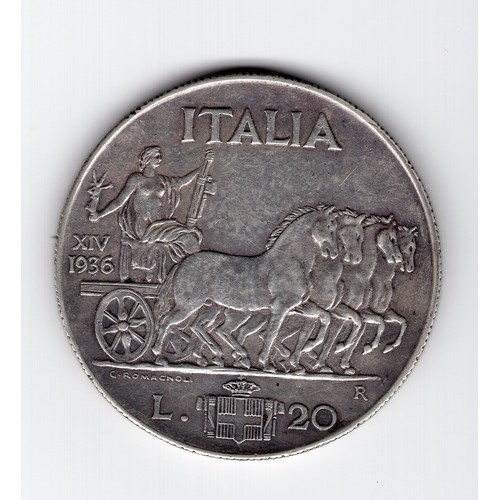 35 - 1936 (XIV) Italy Vittorio Emanuele III 20 lire coin with quadriga reverse ~ 10,000 minted