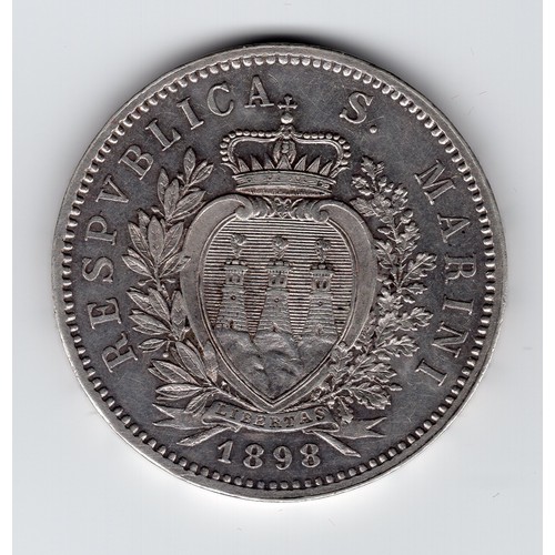 38 - 1898 San Marino 5 lire coin ~ 18,000 minted