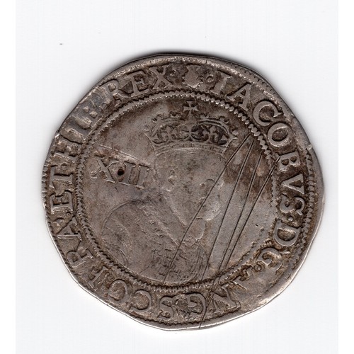 81 - 1603-04 (thistle mintmark) James I 1 shilling coin (EXVRGAT reverse) ~ has 4 vertical scratches on t... 