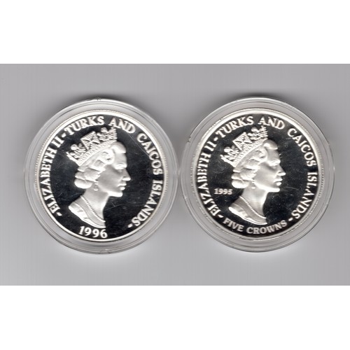 139 - Turks and Caicos Islands 2 x silver proof coins ~ 1995 XXVI Summer Olympics : runner 5 crowns & 1996... 