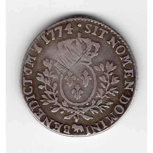 153 - 1774 France Louis XV 24 sols (1/5 ecu) coin with obverse (LUD XV D G FR ET NA RE) and BD (Pau) mintm... 