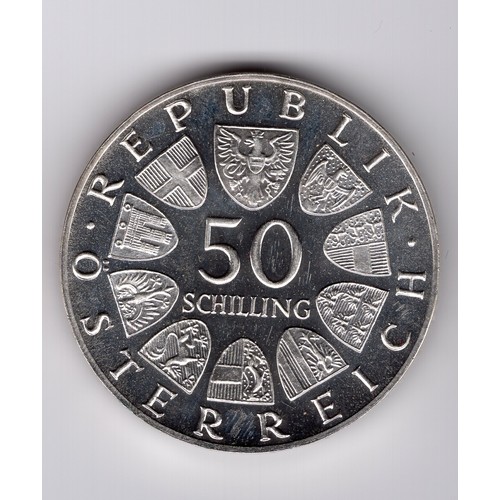 156 - 1967 Austria Centennial of the Blue Danube waltz 50 schilling coin - has black mark on Strauss' hand