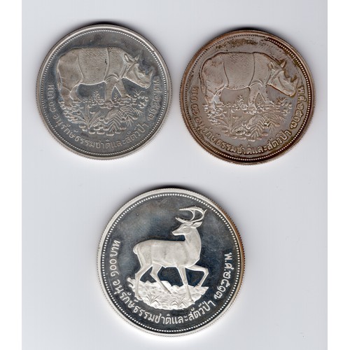 160 - 1974 Thailand 2 x rhinoceros 50 baht coins + deer 100 baht coin - all 3 are 925 silver (they were al... 