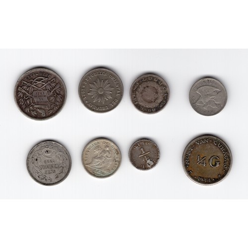 196 - 8 x mostly silver small coins inc Peru, Guatemala etc