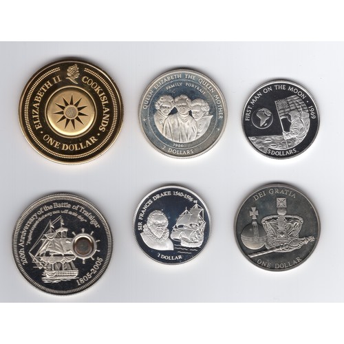 199 - 6 x Cook Islands coins inc 1991 $5 man on moon & 1997 $2 Queen Mother silver coins etc