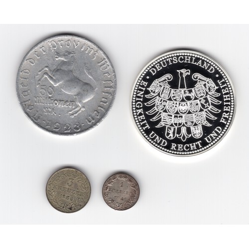 204 - Germany 1841 1 kreuzer, 1856 3 kreuzer, commemorative medal & 1923 50,000,000 mark notgeld coin