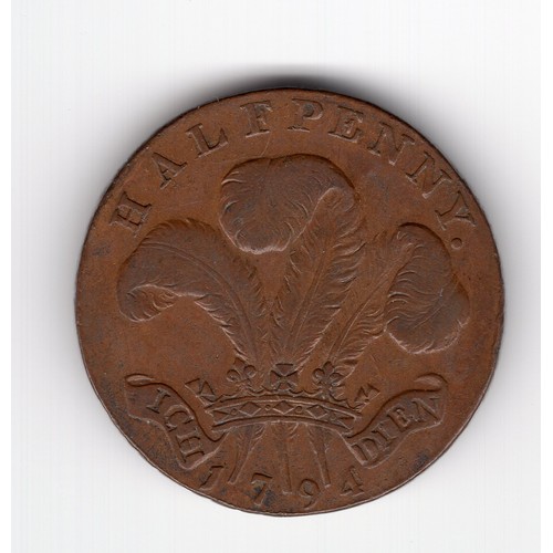 222 - 1794 Warley Camp ½ penny token with 'Warley Camp halfpenny MDCCXCIV' edge