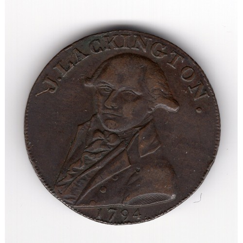 223 - 1794 Middlesex : J Lackington's ½ penny token with slant-reeded edge