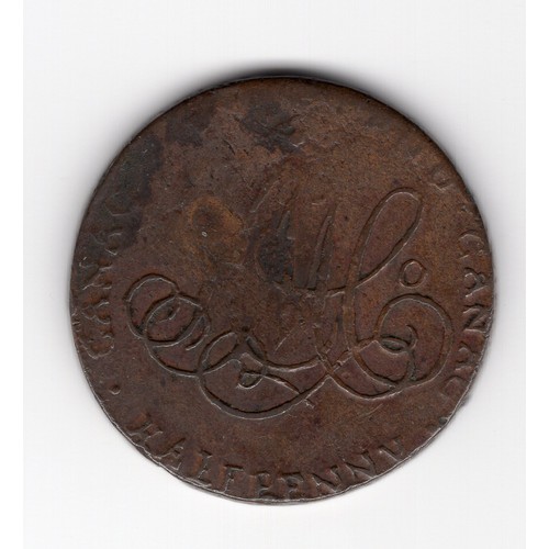 253 - 1792 (?) Dublin : Canac Roan and Canac ½ penny token with lady seated with 6 string harp