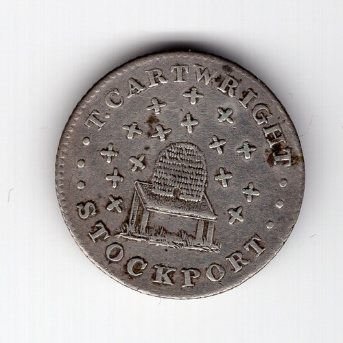 262 - 1812 Stockport silver 6 pence token - T Cartwright (hive with 15 bees)