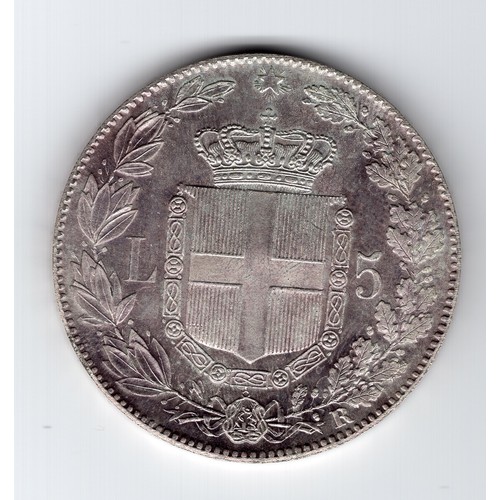 275 - Restrike ? of 1878 (R) Italy Umberto I 5 lire coin - has small 'cut' on E of Umberto - 22.8g