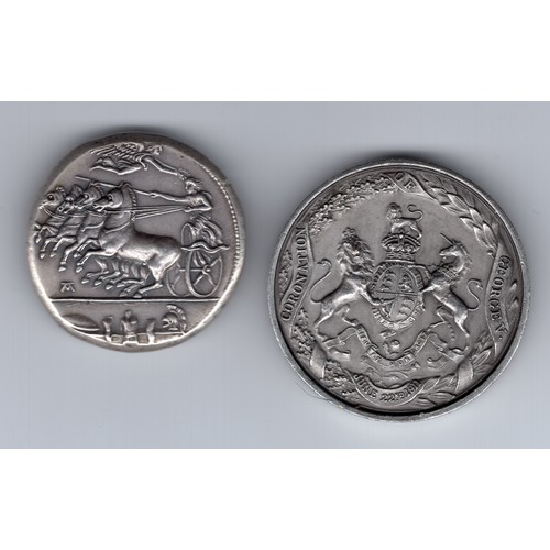 282 - 1911 George V coronation medal t/w reproduction Greek Decadrachm coin depicting quadriga with Nike &... 