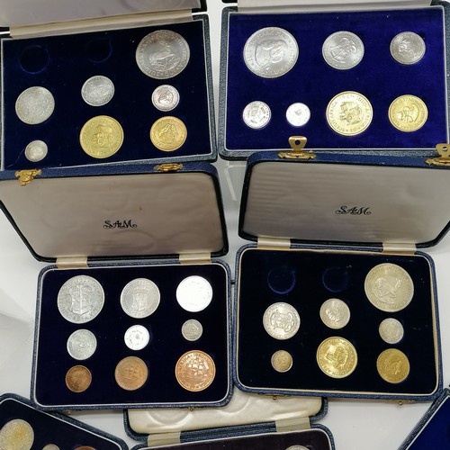 135 - 7 x South Africa cased proof sets ~ 1952 (9 coins), 1958 (9 coins), 1960 (9 coins), 1961 (7 coins), ... 