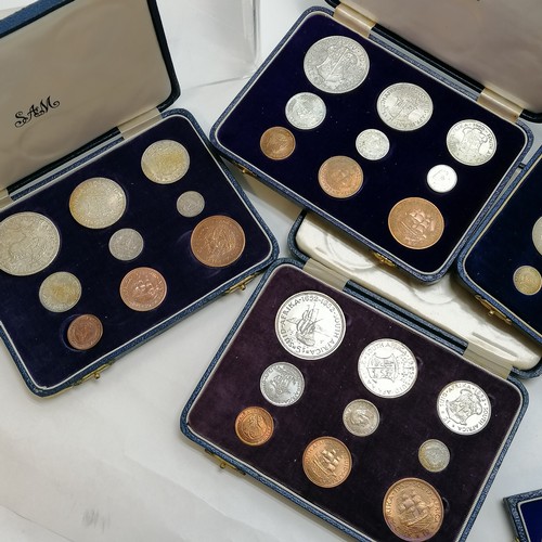 135 - 7 x South Africa cased proof sets ~ 1952 (9 coins), 1958 (9 coins), 1960 (9 coins), 1961 (7 coins), ... 