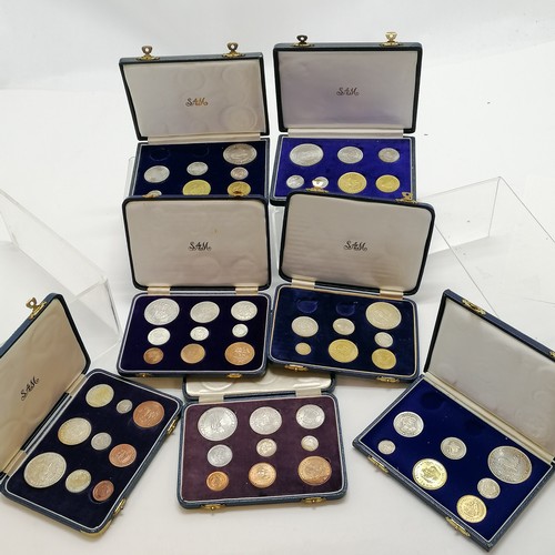 135 - 7 x South Africa cased proof sets ~ 1952 (9 coins), 1958 (9 coins), 1960 (9 coins), 1961 (7 coins), ... 