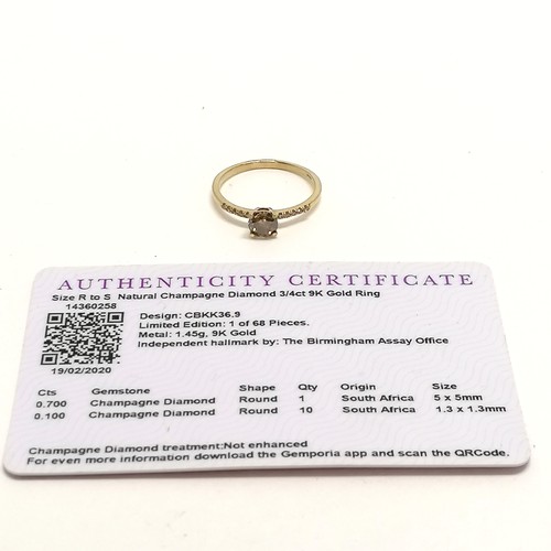 282 - 9ct hallmarked gold champagne diamond (0.75ct) ring with champagne diamond shoulders (with certifica... 